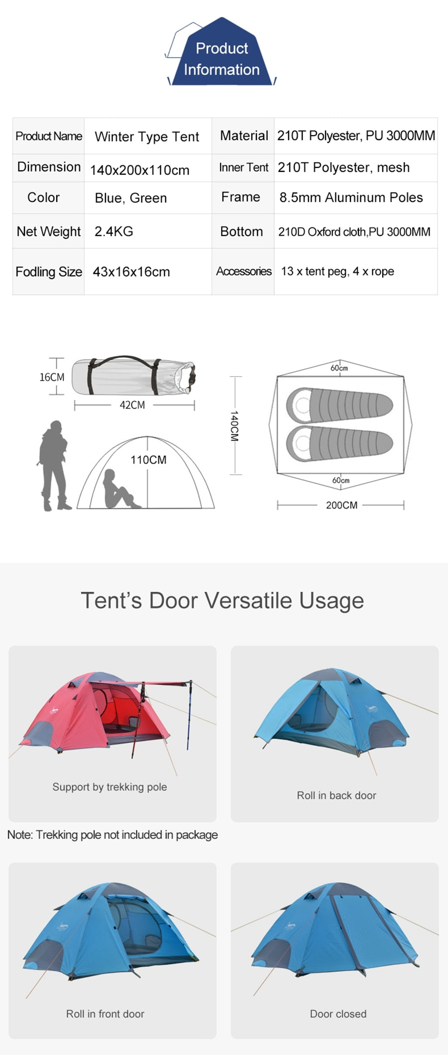 Lightweight Backpacking Tent for Hiking Climbing Snow Weather