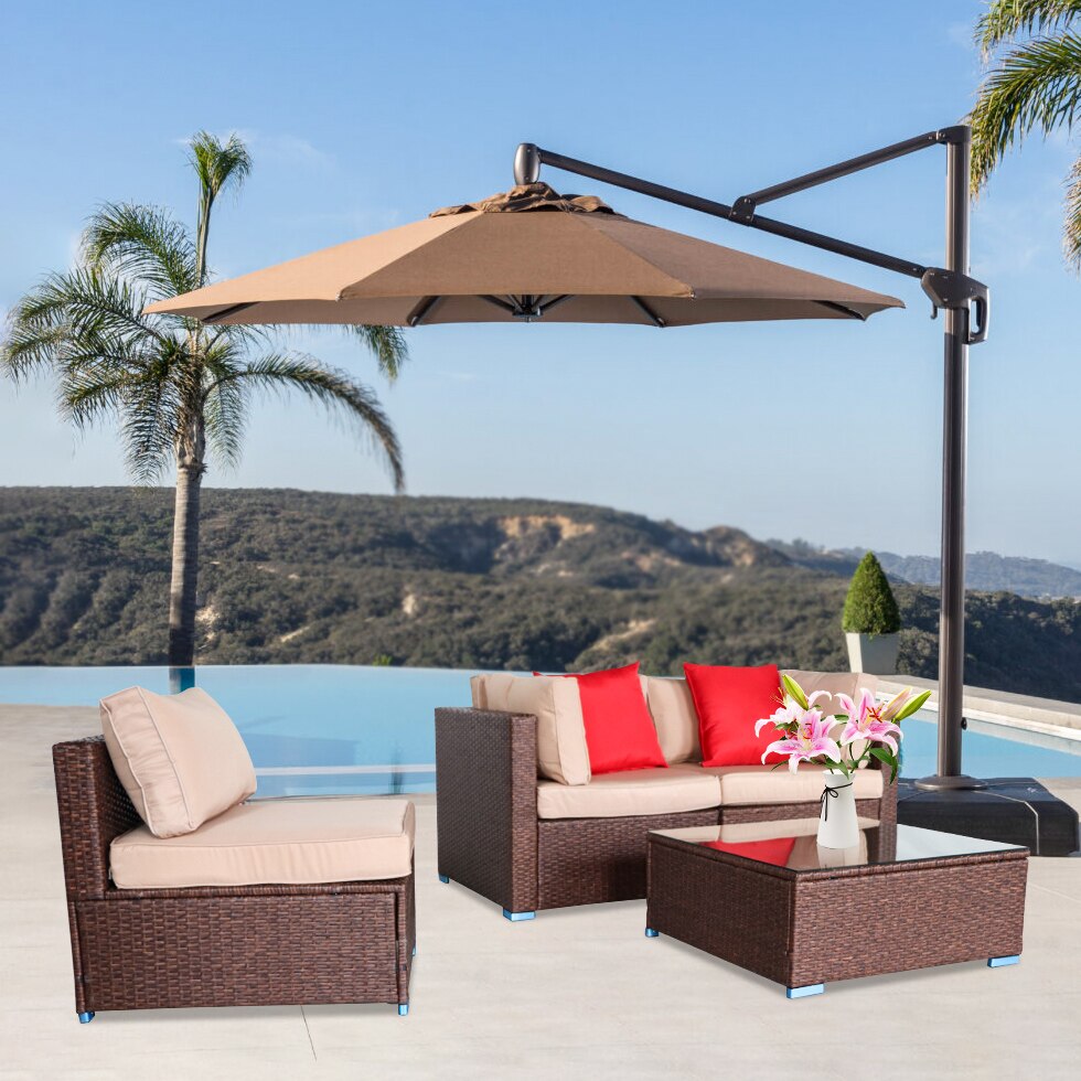 4 Pieces Wood Grain Patio PE Wicker Rattan Corner Sofa Set