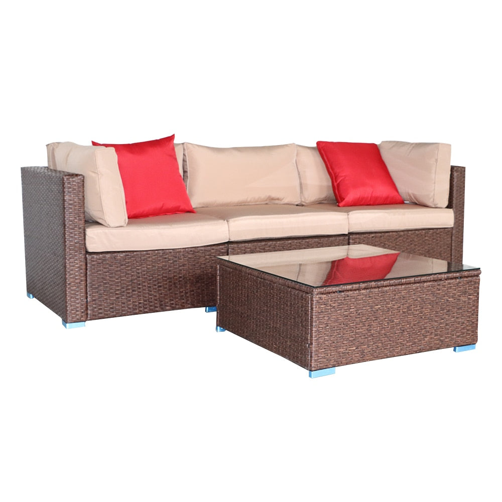 4 Pieces Wood Grain Patio PE Wicker Rattan Corner Sofa Set