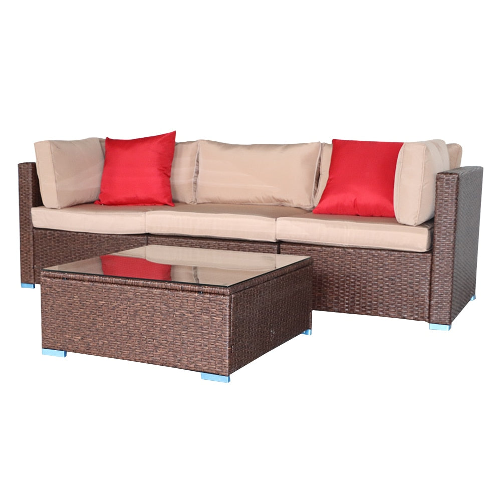 4 Pieces Wood Grain Patio PE Wicker Rattan Corner Sofa Set