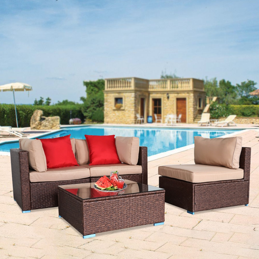 4 Pieces Wood Grain Patio PE Wicker Rattan Corner Sofa Set